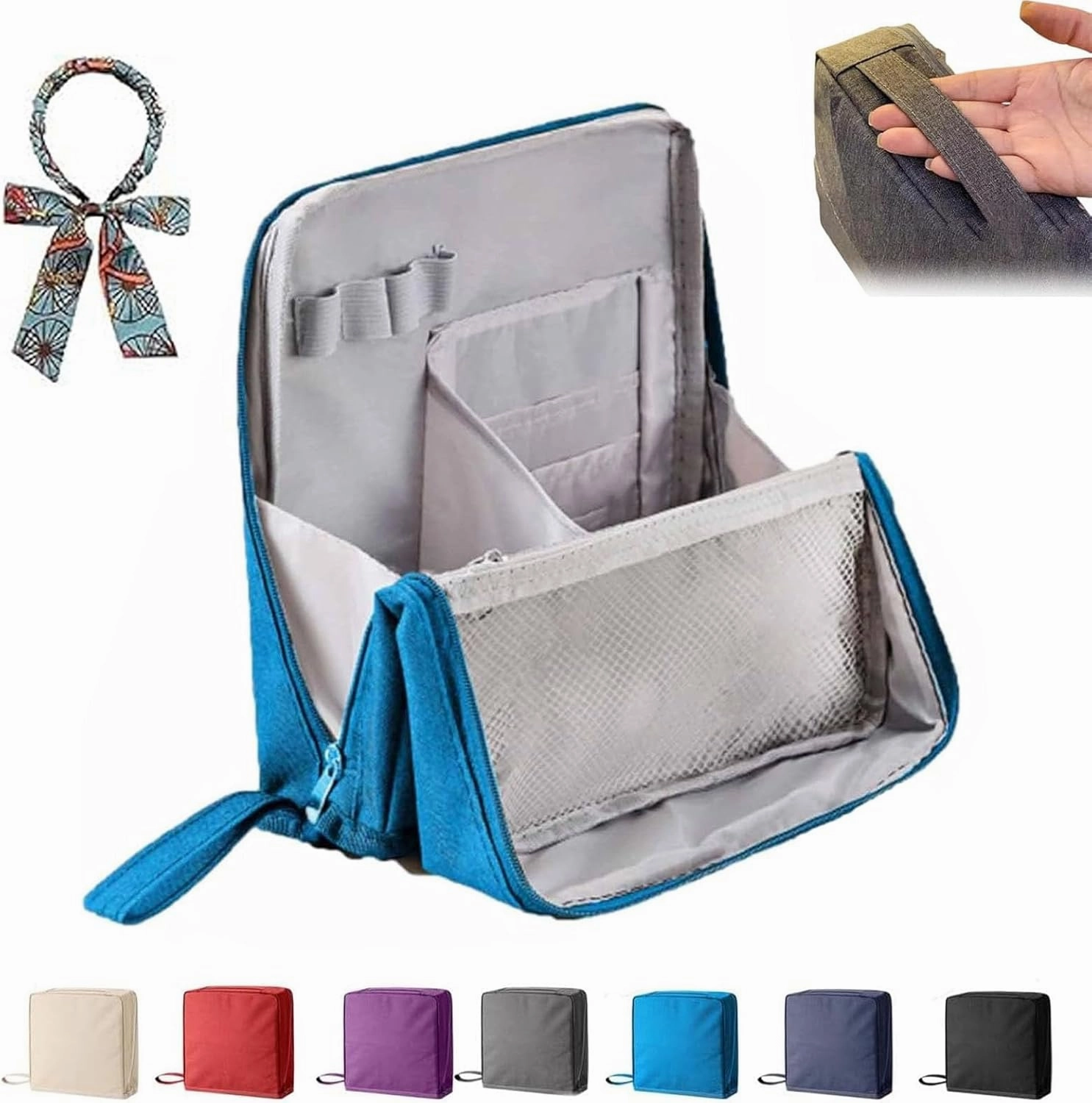 Doresty Makeup Bag, Standing Makeup Bag – Portable, Doresty Cosmetic Bag with Compartments, Large Capacity Oxford Cloth Standing MakeupBag, Waterproof Vertical Office Desktop Storage Bags (Blue)