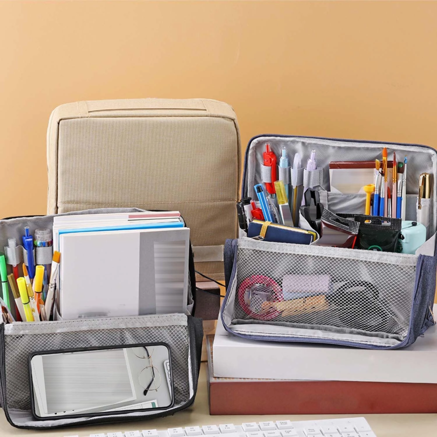 Doresty Makeup Bag, Standing Makeup Bag – Portable, Doresty Cosmetic Bag with Compartments, Large Capacity Oxford Cloth Standing MakeupBag, Waterproof Vertical Office Desktop Storage Bags (Gray)