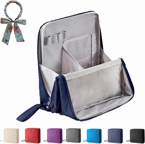 Doresty Makeup Bag, Standing Makeup Bag – Portable, Doresty Cosmetic Bag with Compartments, Large Capacity Oxford Cloth Standing MakeupBag, Waterproof Vertical Office Desktop Storage Bags (Navy Blue)