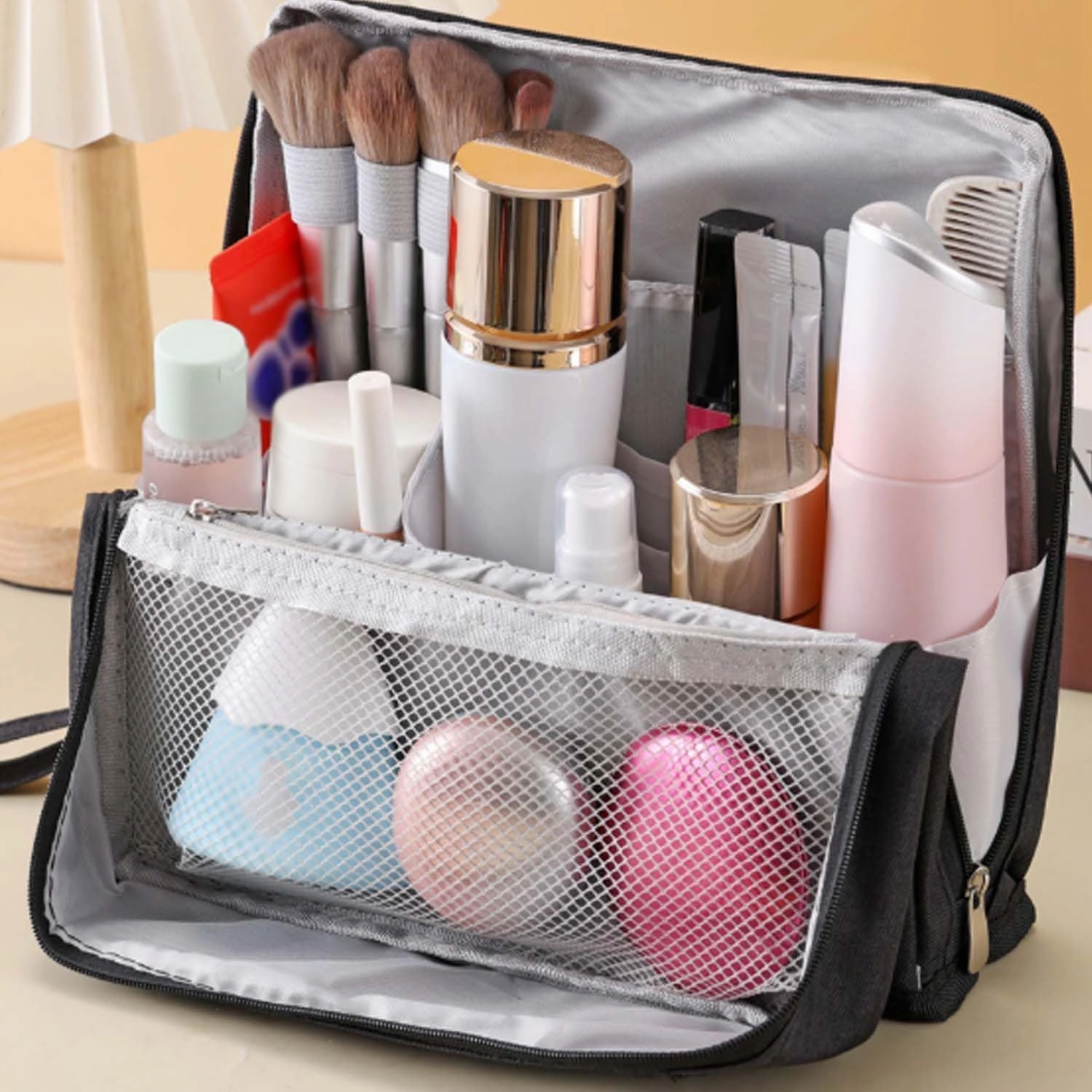 Doresty Makeup Bag, Standing Makeup Bag – Portable, Doresty Cosmetic Bag with Compartments, Large Capacity Oxford Cloth Standing MakeupBag, Waterproof Vertical Office Desktop Storage Bags (Purple)