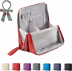 Doresty Makeup Bag, Standing Makeup Bag – Portable, Doresty Cosmetic Bag with Compartments, Large Capacity Oxford Cloth Standing MakeupBag, Waterproof Vertical Office Desktop Storage Bags (Red)
