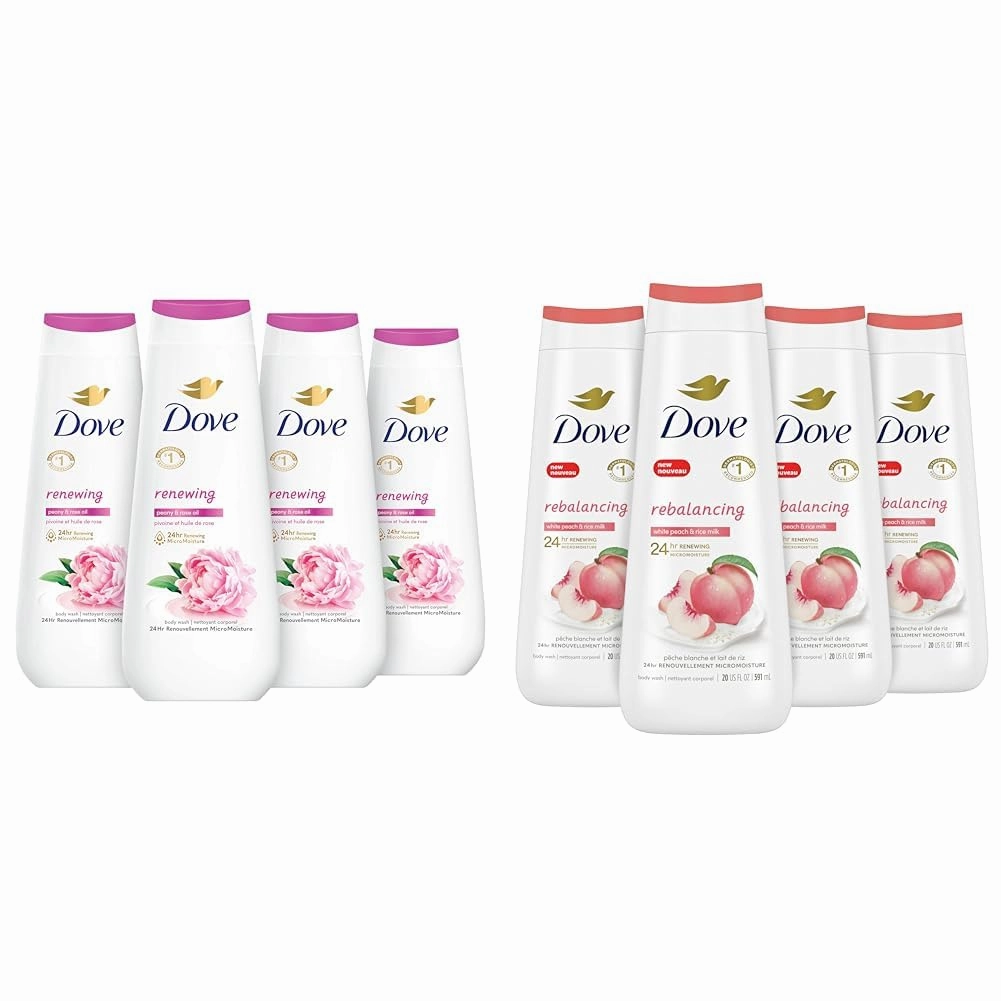 Dove Body Wash Renewing Peony Rose Oil and Rebalancing White Peach Rice Milk 4 Count 20 oz