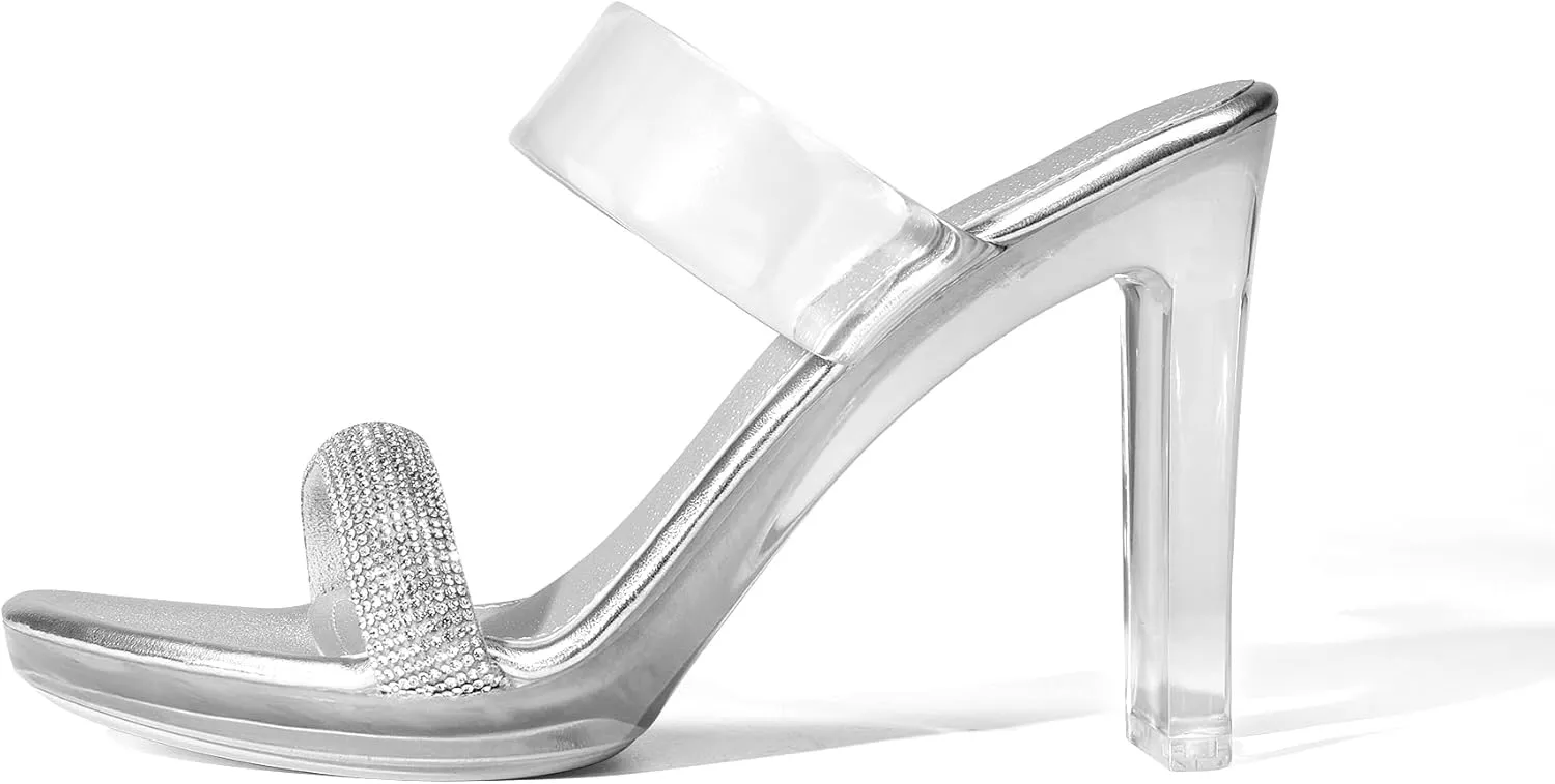 DREAM PAIRS Women's Clear Two Strap Open Toe High Block Chunky Slip on Dress Heel Sandals