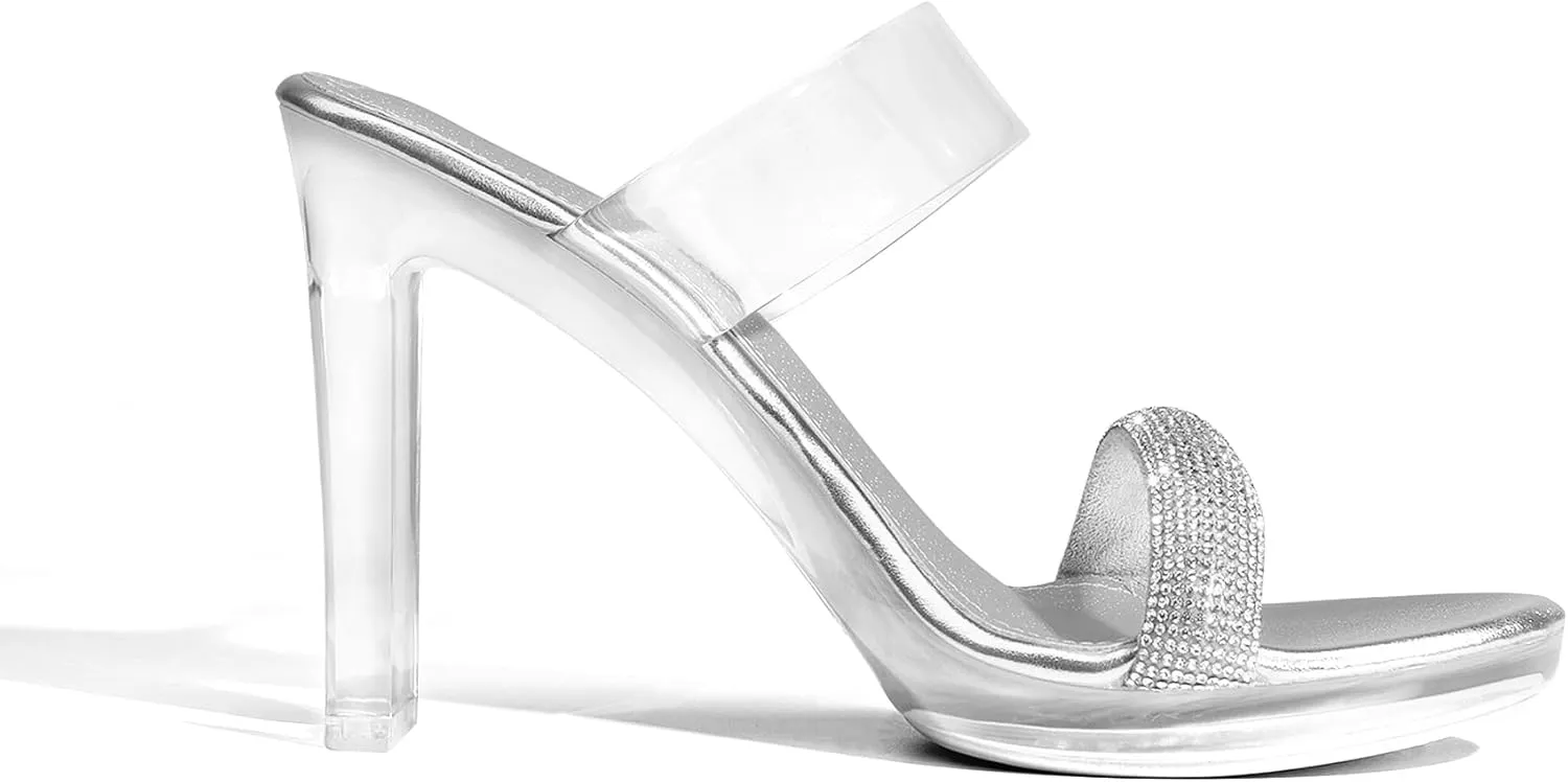 DREAM PAIRS Women's Clear Two Strap Open Toe High Block Chunky Slip on Dress Heel Sandals