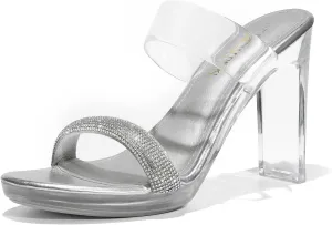 DREAM PAIRS Women's Clear Two Strap Open Toe High Block Chunky Slip on Dress Heel Sandals