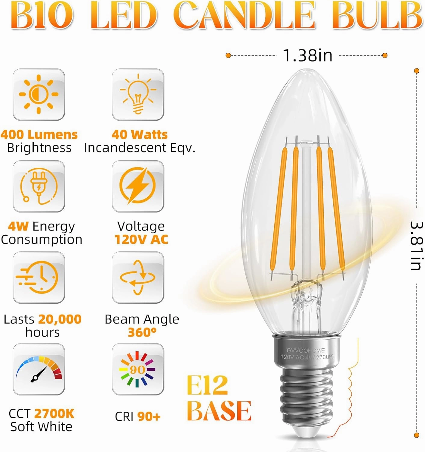 E12 Candelabra Bulb 40 watt, E12 LED Bulb Non-Dimmable Chandelier Light Bulbs, B10 Candle Light Bulbs 2700K Soft White, 90 CRI, 400LM, Cear Glass, 12 Pack