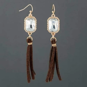 Earrings - Jewelry - for Women - Elegant - Gold Finish Clear Stone Soft Suede Brown Tassel Designer Inspired