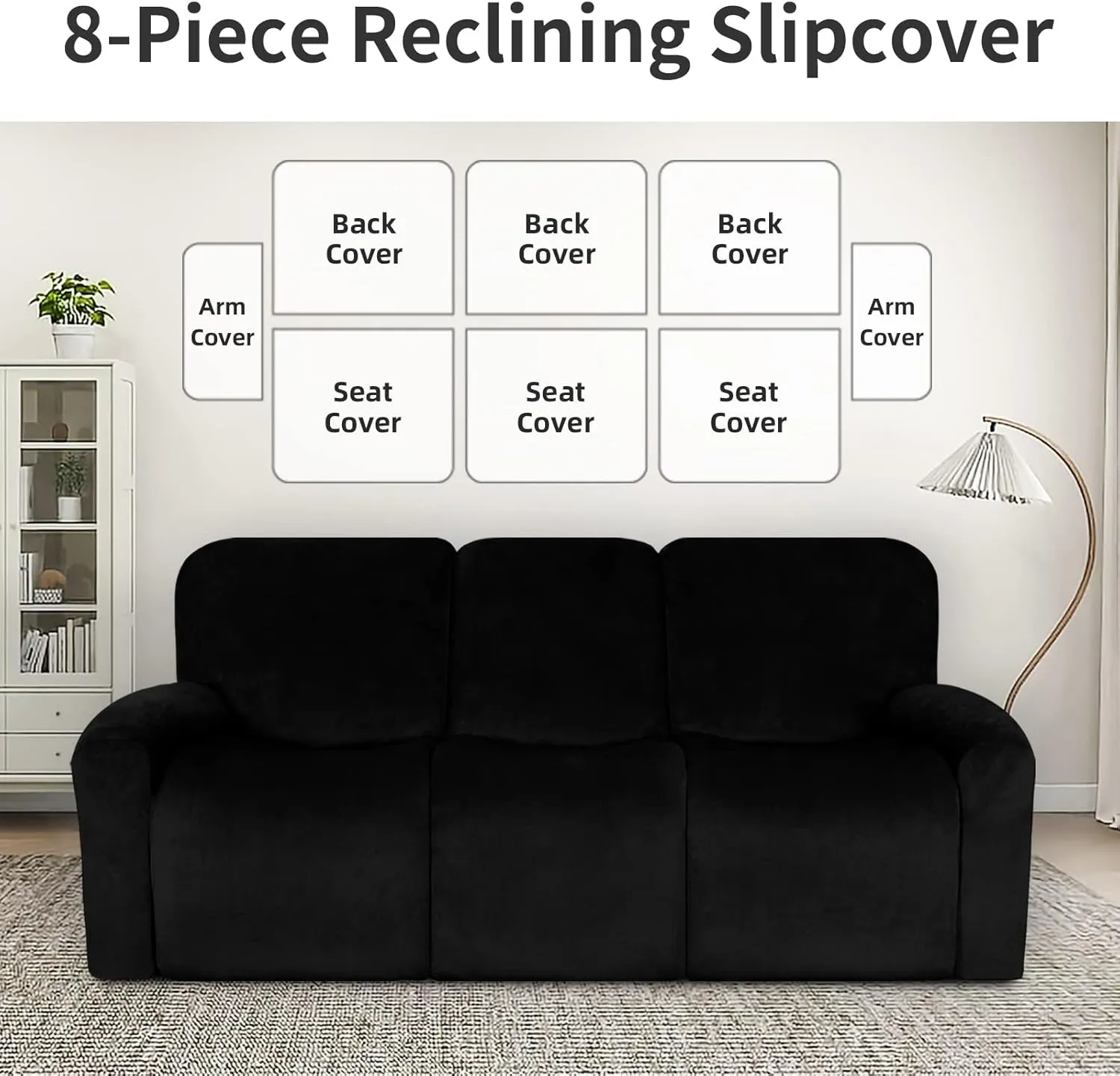 Easy-Going Velvet 8-Pieces Recliner Couch Covers Reclining Couch Covers for 3 Seat Recliner Sofa Slipcovers Thick Soft Washable (3 Seater, Black)