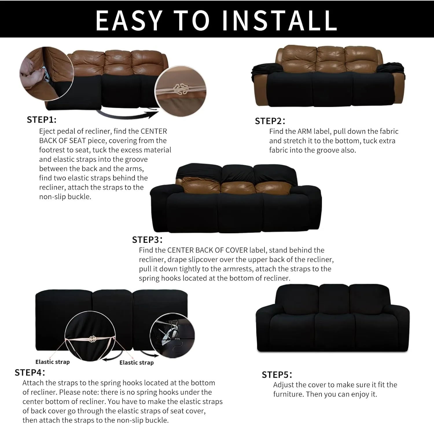 Easy-Going Velvet 8-Pieces Recliner Couch Covers Reclining Couch Covers for 3 Seat Recliner Sofa Slipcovers Thick Soft Washable (3 Seater, Black)