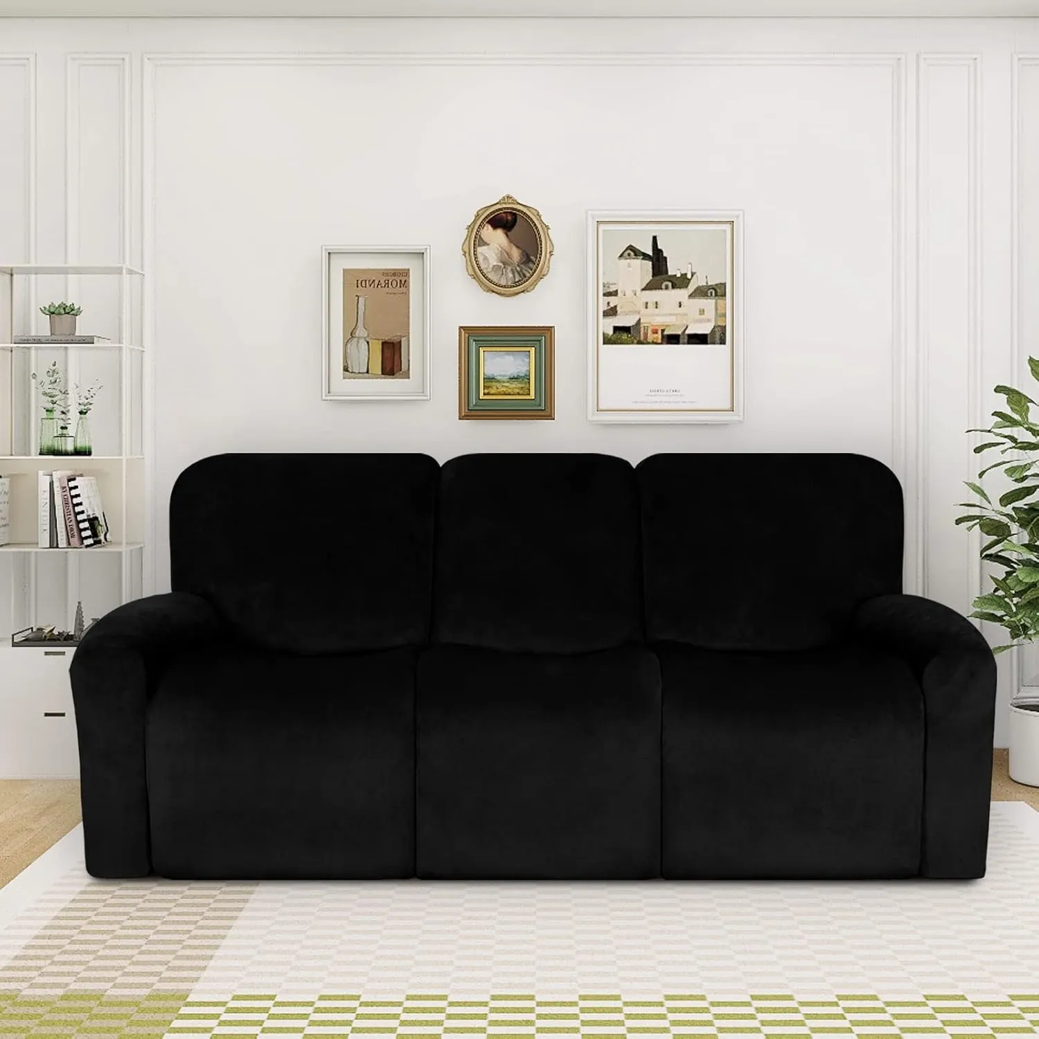 Easy-Going Velvet 8-Pieces Recliner Couch Covers Reclining Couch Covers for 3 Seat Recliner Sofa Slipcovers Thick Soft Washable (3 Seater, Black)