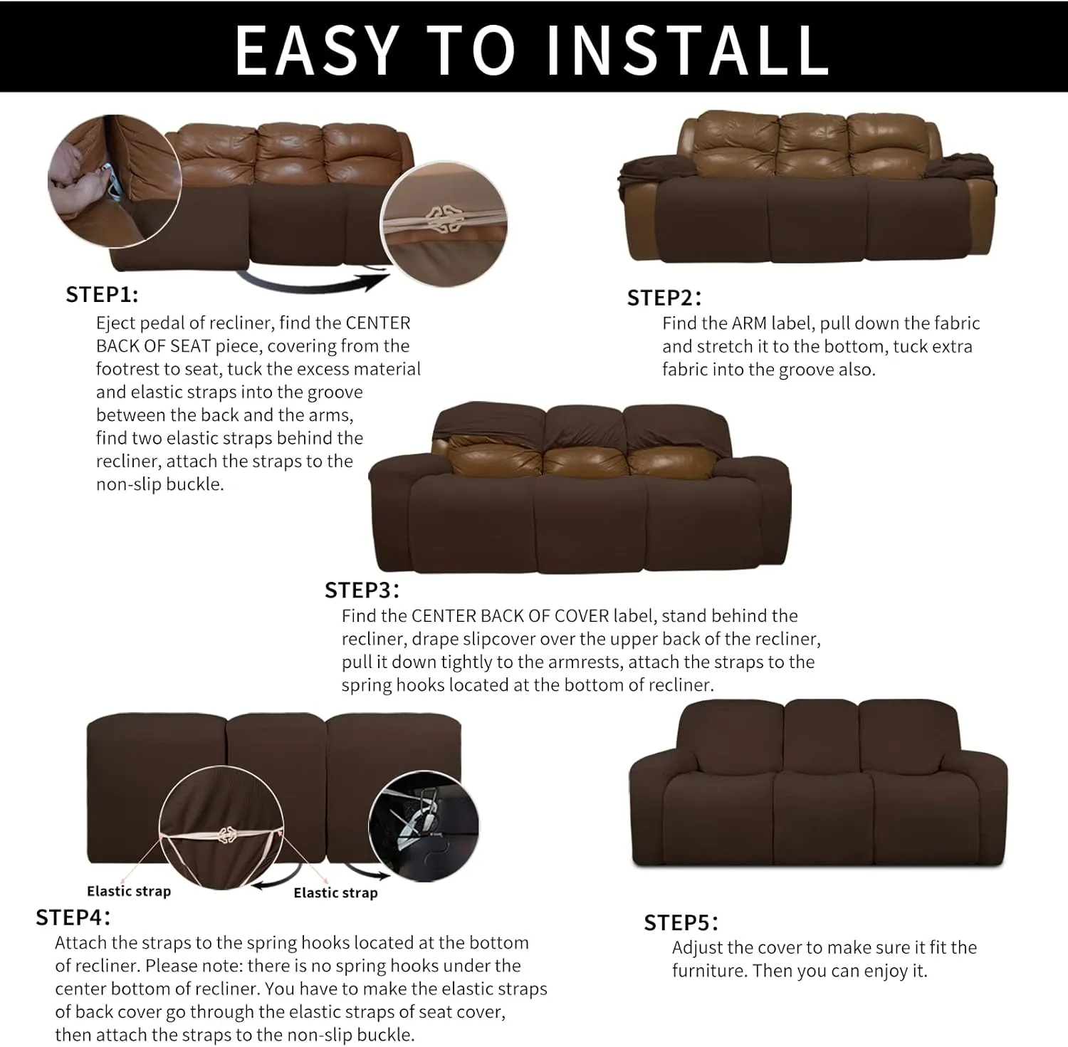 Easy-Going Velvet 8-Pieces Recliner Couch Covers Reclining Couch Covers for 3 Seat Recliner Sofa Slipcovers Thick Soft Washable (Sofa, Brown)