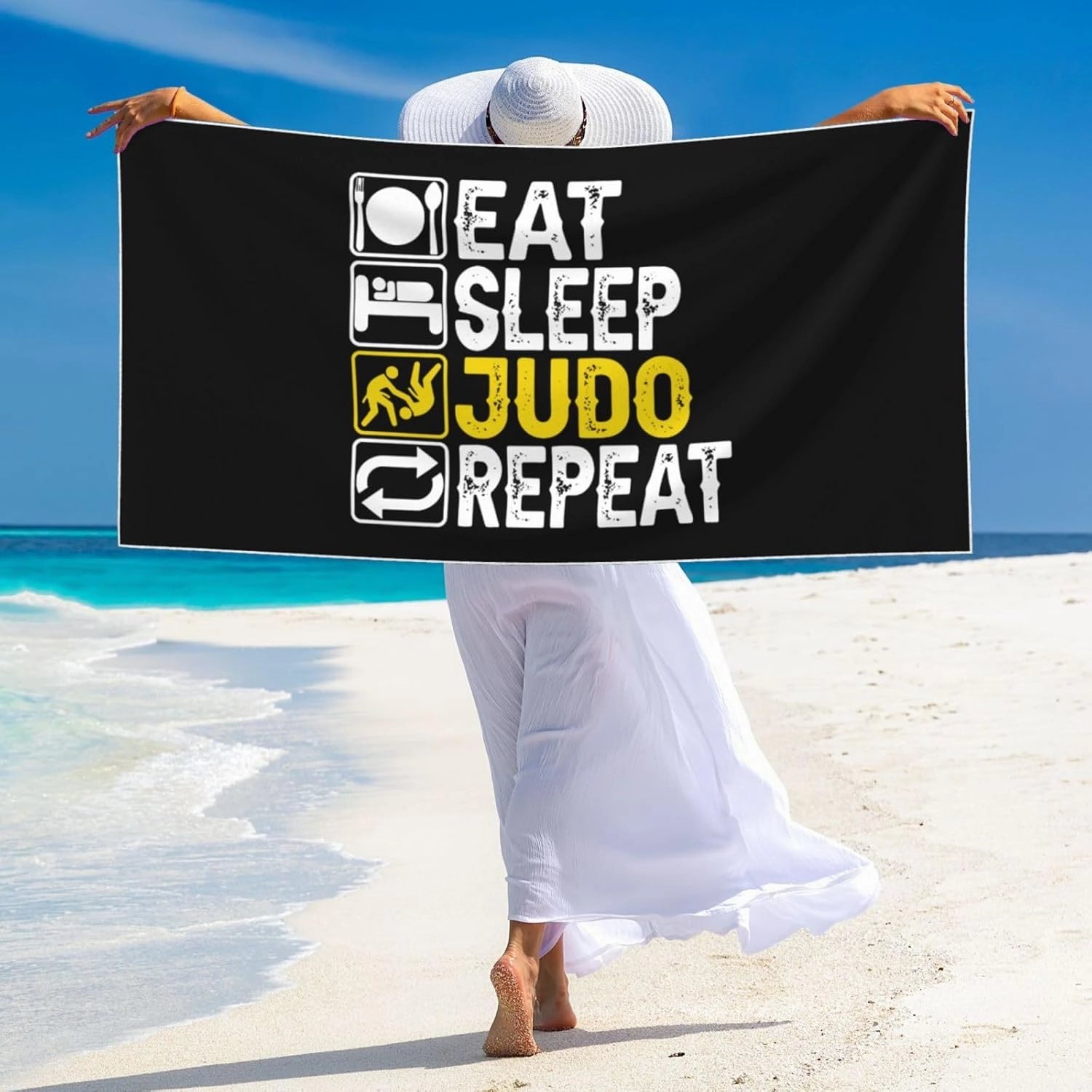Eat Sleep Judo Repeat Large Beach Towel 27.5x55 Inches - Ultra Soft & Quick Dry, Lightweight Sand Towel for Pool, Travel, Summer | Bath Towel for Adults & Family