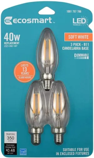 EcoSmart 40-Watt Equivalent B11 E12 Base Dimmable Clear Filament Vintage Style LED Light Bulb, Soft White (3-Pack)