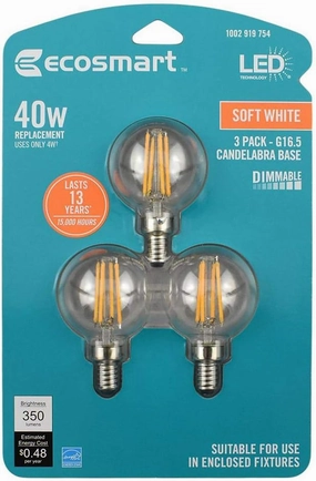 EcoSmart 40-Watt Equivalent G16.5 Globe Dimmable Energy Star Clear Glass Filament Vintage LED Light Bulb Soft White (3-Pack)