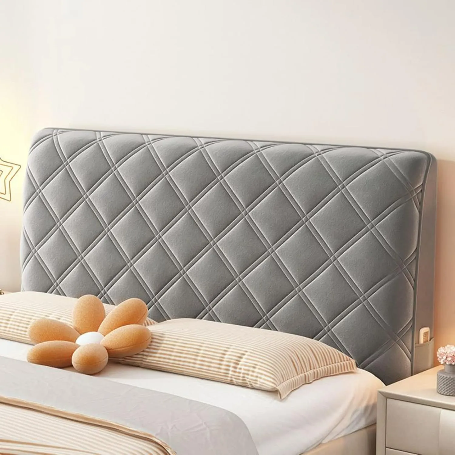 EFELIM Velvet Bed Headboard Slipcover for Queen Full Twin Cal King Size Beds, Quilted Bed Headboard Cover Upholstered Dustproof Protector Cover (Ash,160cm/63in)