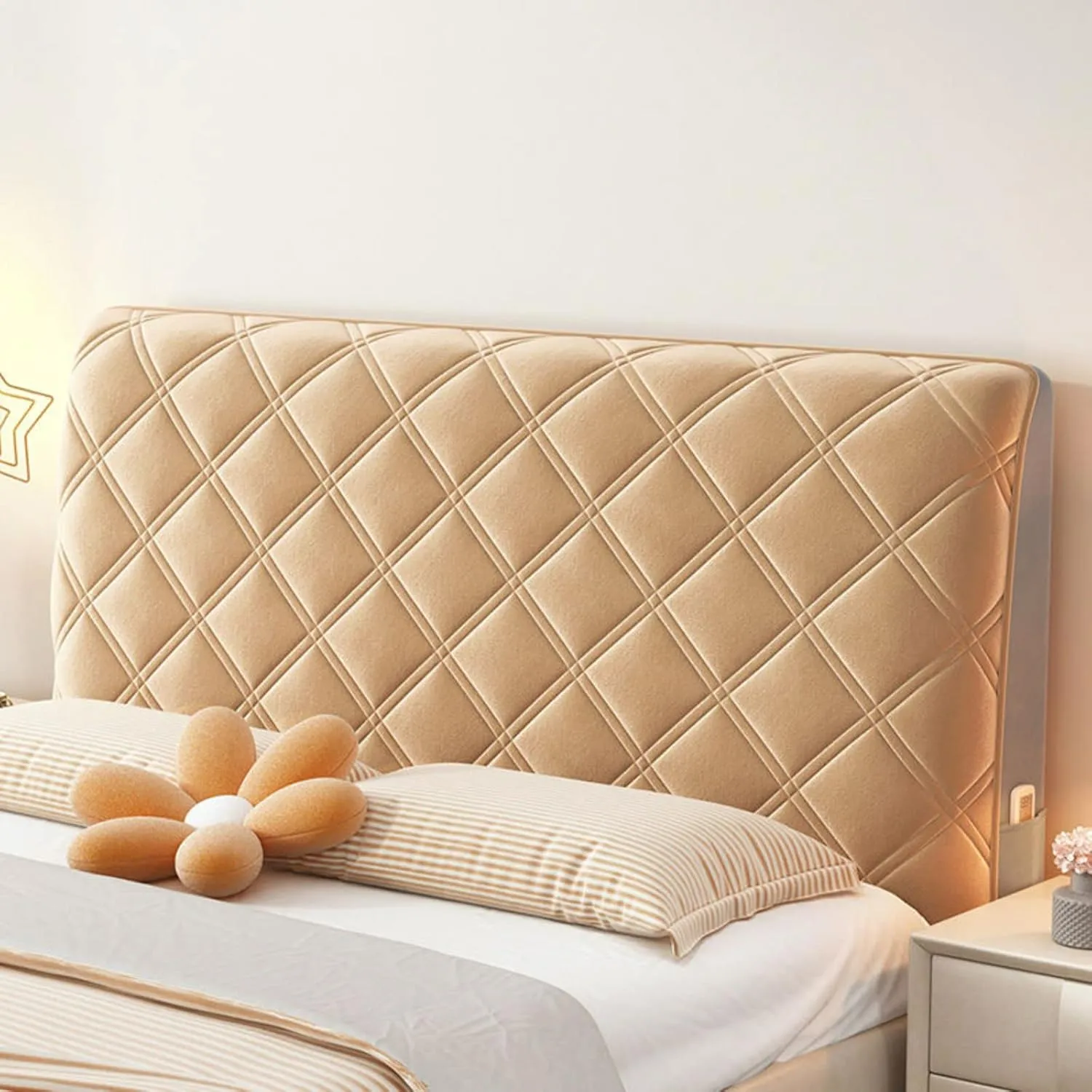 EFELIM Velvet Bed Headboard Slipcover for Queen Full Twin Cal King Size Beds, Quilted Bed Headboard Cover Upholstered Dustproof Protector Cover (Champagne,160cm/63in)