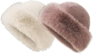 Eforcase 2PCS Women Winter Fuzzy Bucket Hat Warm Faux Fur Fluffy Hat Fisherman Cap Russian Cossack Style Hat for Cold Weather