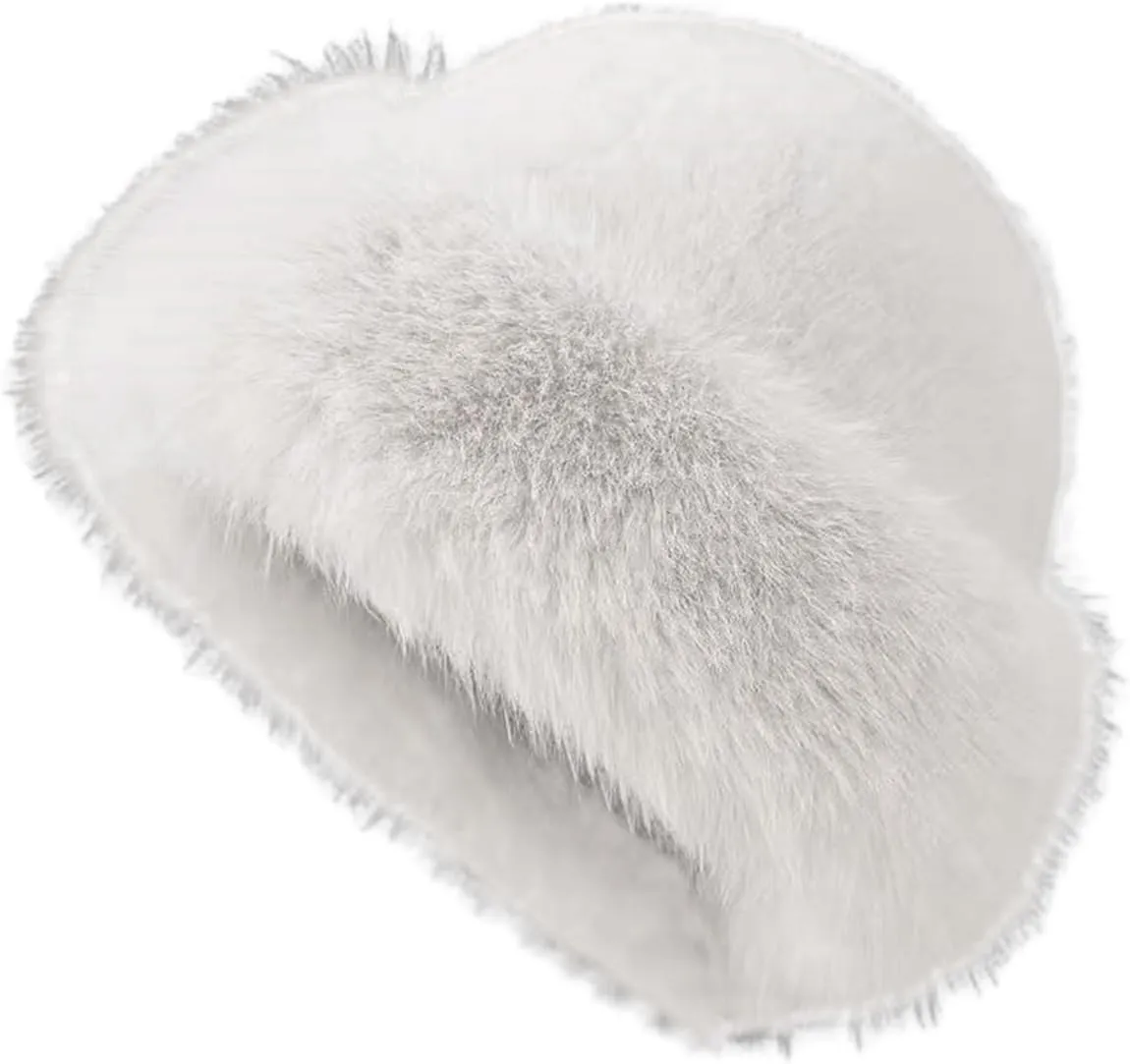 Eforcase 2PCS Women Winter Fuzzy Bucket Hat Warm Faux Fur Fluffy Hat Fisherman Cap Russian Cossack Style Hat for Cold Weather