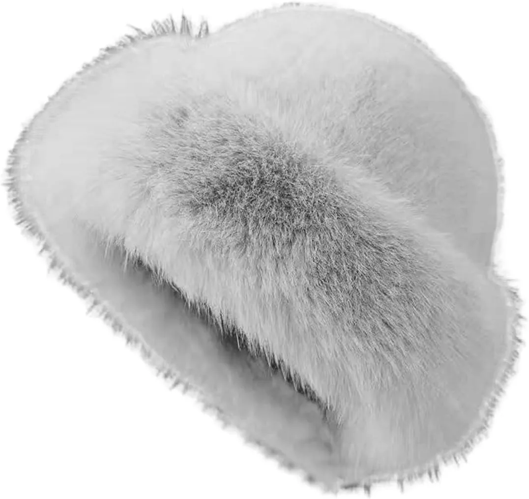 Eforcase 2PCS Women Winter Fuzzy Bucket Hat Warm Faux Fur Fluffy Hat Fisherman Cap Russian Cossack Style Hat for Cold Weather
