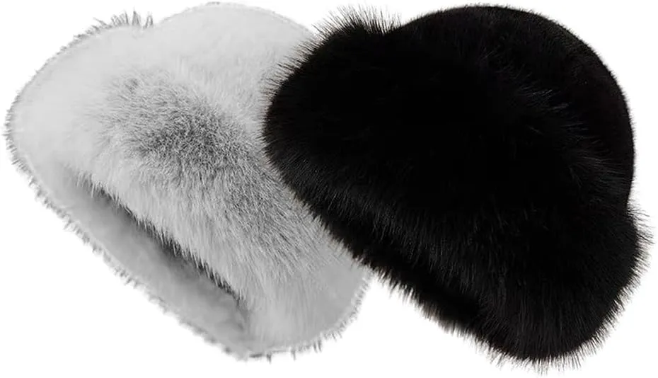 Eforcase 2PCS Women Winter Fuzzy Bucket Hat Warm Faux Fur Fluffy Hat Fisherman Cap Russian Cossack Style Hat for Cold Weather