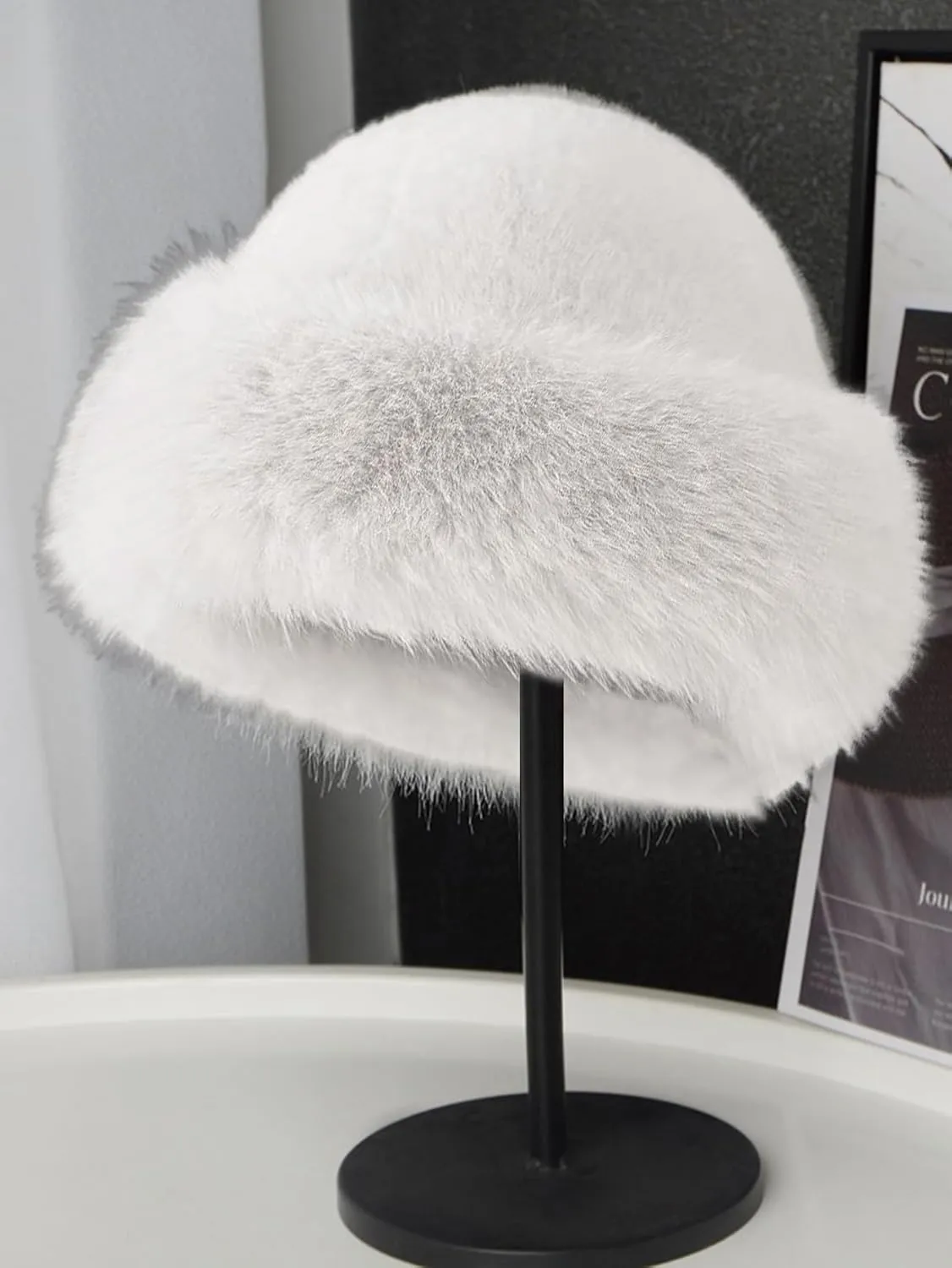 Eforcase 2PCS Women Winter Fuzzy Bucket Hat Warm Faux Fur Fluffy Hat Fisherman Cap Russian Cossack Style Hat for Cold Weather