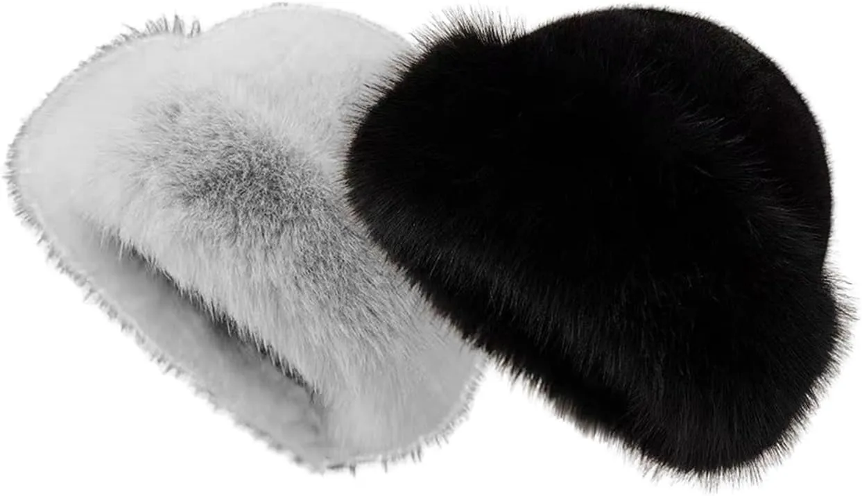 Eforcase 2PCS Women Winter Fuzzy Bucket Hat Warm Faux Fur Fluffy Hat Fisherman Cap Russian Cossack Style Hat for Cold Weather