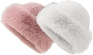 Eforcase 2PCS Women Winter Fuzzy Bucket Hat Warm Faux Fur Fluffy Hat Fisherman Cap Russian Cossack Style Hat for Cold Weather