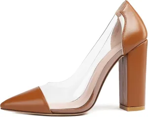 Eldof Women's 100mm Pointed Toe Clear Pumps Block Heels Pumps Party Wedding Dress Shoes