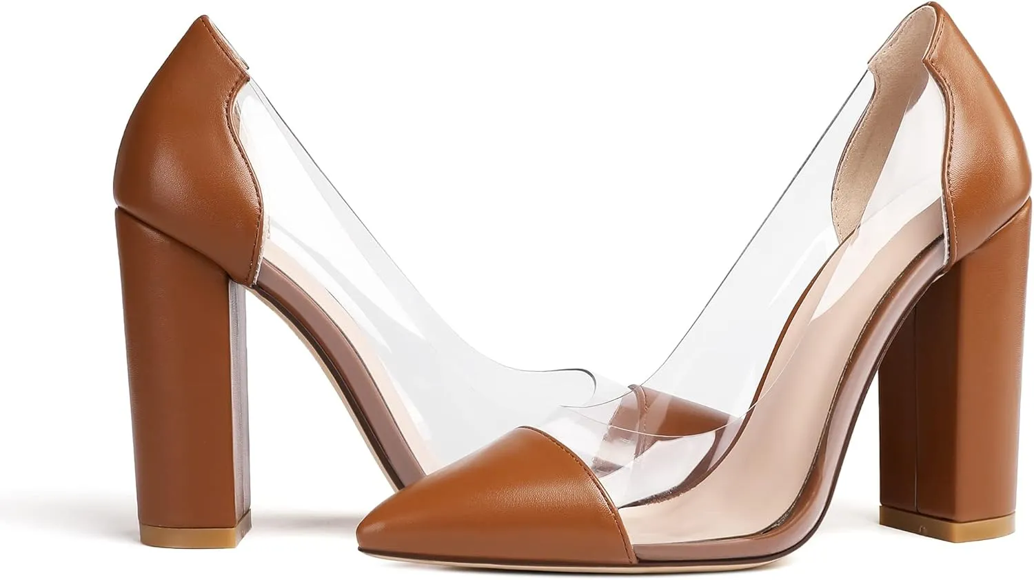 Eldof Women's 100mm Pointed Toe Clear Pumps Block Heels Pumps Party Wedding Dress Shoes