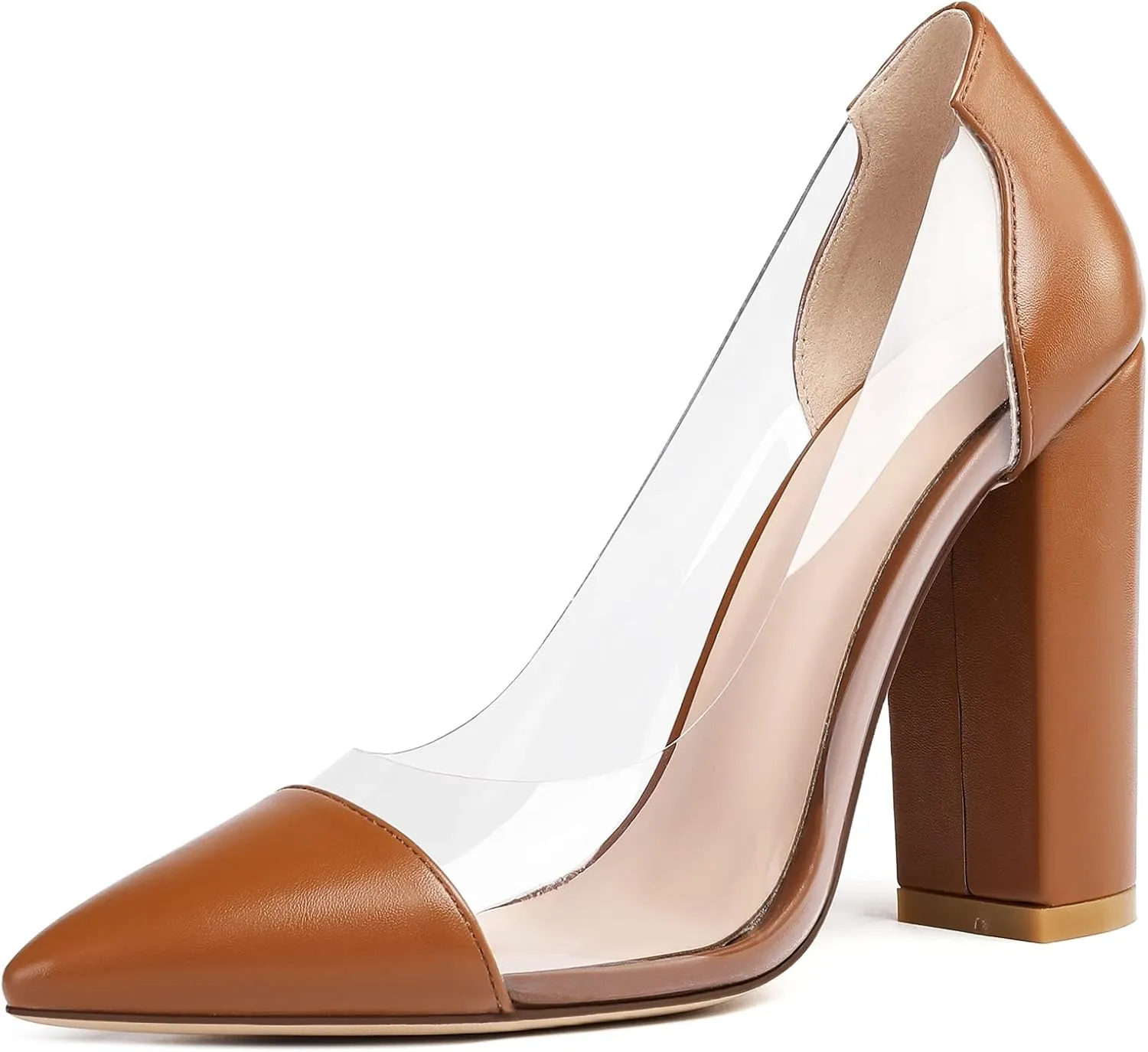 Eldof Women's 100mm Pointed Toe Clear Pumps Block Heels Pumps Party Wedding Dress Shoes