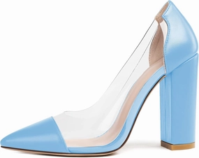 Eldof Women's 100mm Pointed Toe Clear Pumps Block Heels Pumps Party Wedding Dress Shoes