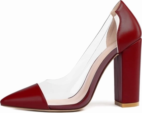 Eldof Women's 100mm Pointed Toe Clear Pumps Block Heels Pumps Party Wedding Dress Shoes