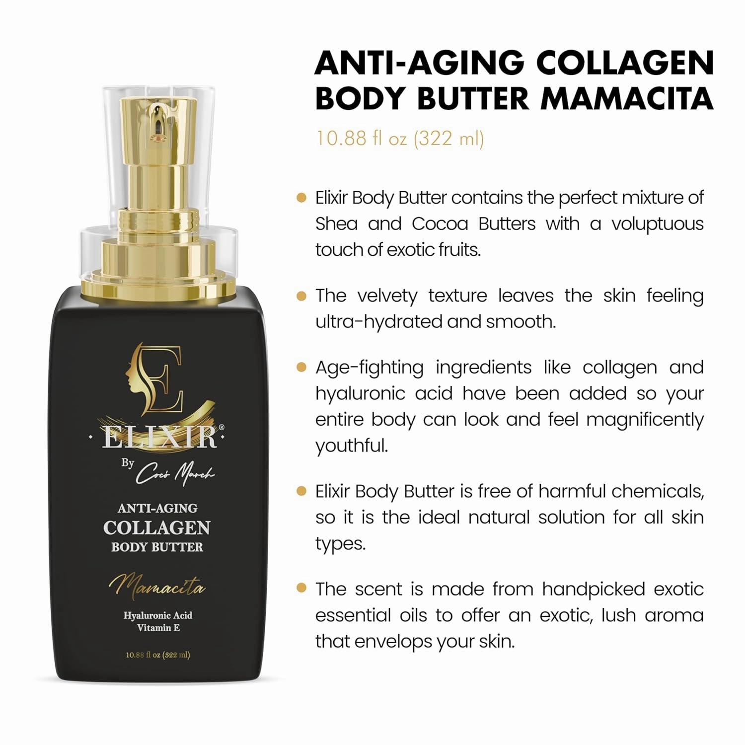 Elixir by Cocó March Anti-Aging Hand and Body Butter Mamacita Scent - with Collagen, Hyaluronic Acid, Vitamin E, Coconut and Shea Butters, Scented with Essential Oils, For All Skin Types - 8.5 Oz