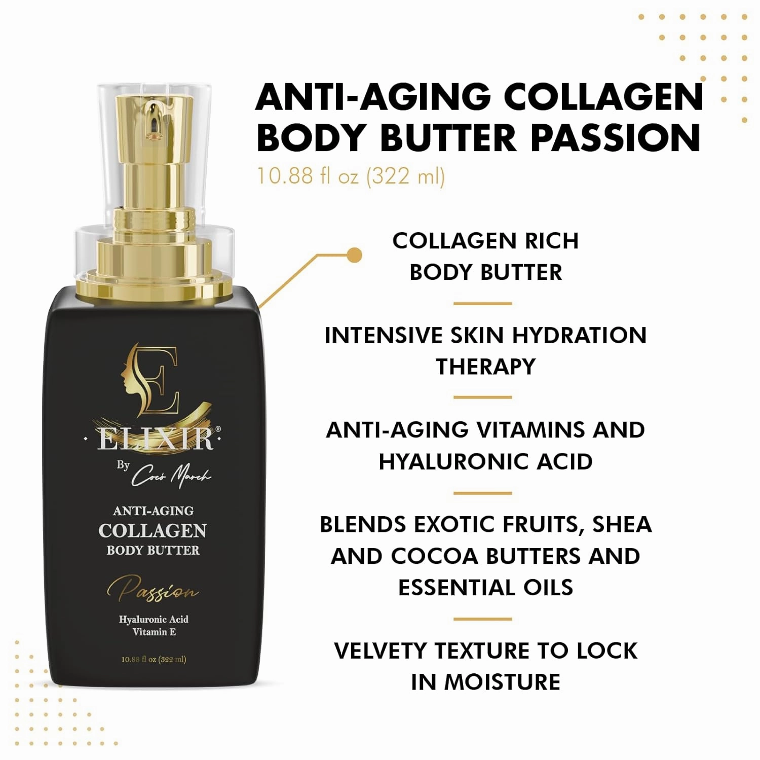Elixir by Cocó March Anti-Aging Hand and Body Butter Passion Scent - with Collagen, Hyaluronic Acid, Vitamin E, Coconut and Shea Butters, Scented with Essential Oils, For All Skin Types - 8.5 Oz