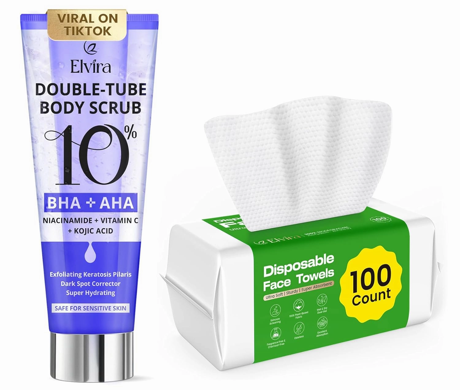Elvira Face Towels & KP Scrub Bundle – 100 Count Disposable Facial Towels   10% AHA/BHA Exfoliating Body Scrub for Keratosis Pilaris, Ultra Soft Cleansing Wipes & KP Bump Eraser for Smooth Skin