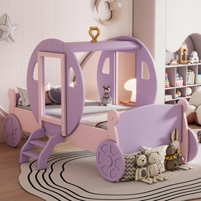 Enchanting Twin Size Princess Carriage Bed with Crown, Durable Wood Platform Design with Stairs, Soft Pink and Purple Finish