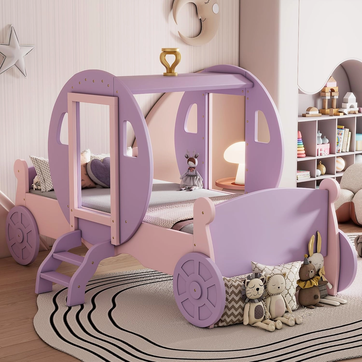 Enchanting Twin Size Princess Carriage Bed with Crown, Durable Wood Platform Design with Stairs, Soft Pink and Purple Finish