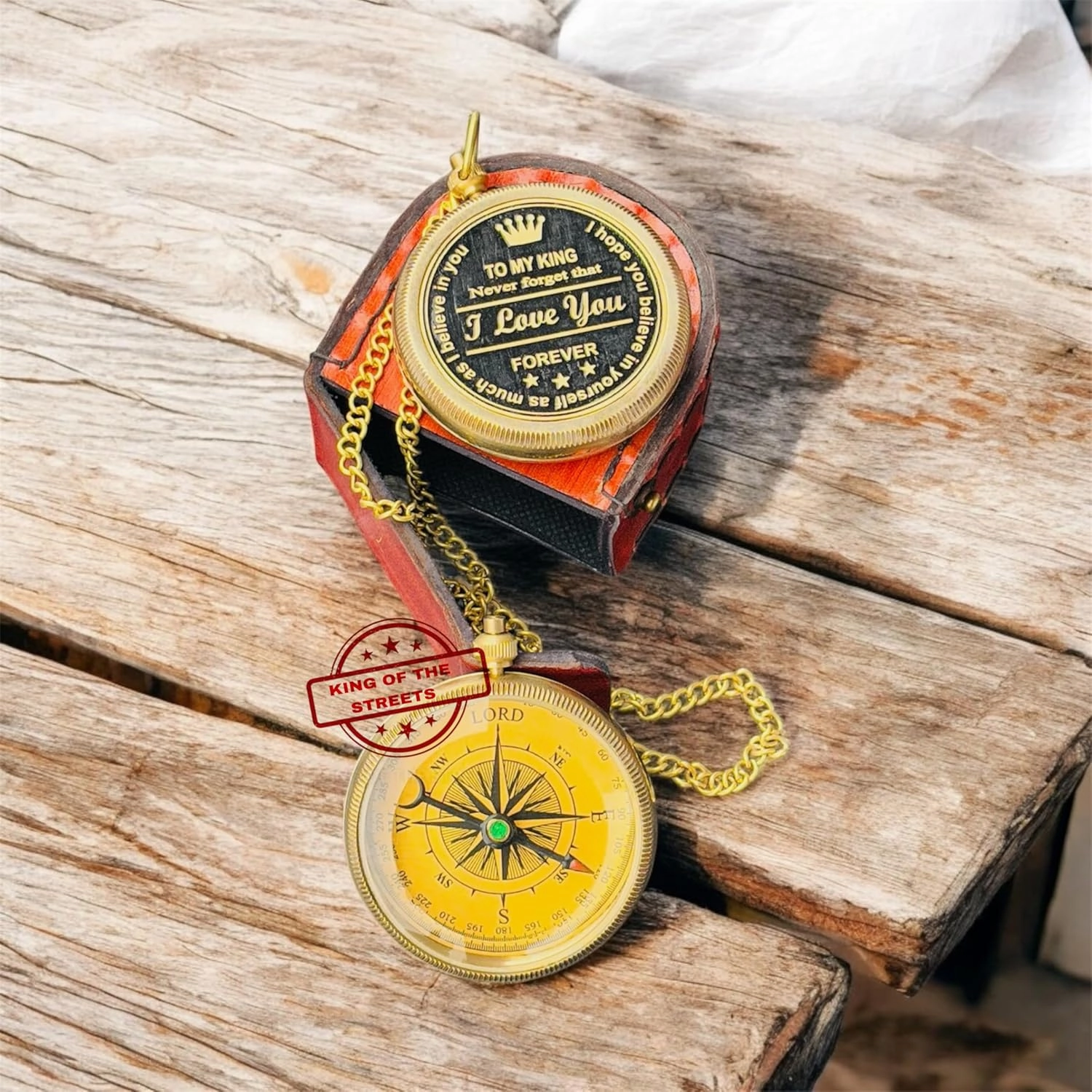 Engraved Brass Compass with Leather Case, 'to My King' Love Message, Gold Chain