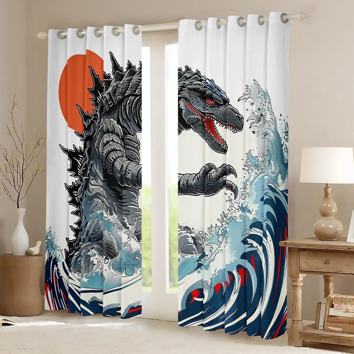 Erosebridal Dinosaur Monsters 30%-50% Blackout Curtains 52"x84" Japanese Style Window Curtains for Kids Teens Adults Boys Sea Ocean Wave Decor Japanese Monster Ukiyo-E Window Treatments Drapes