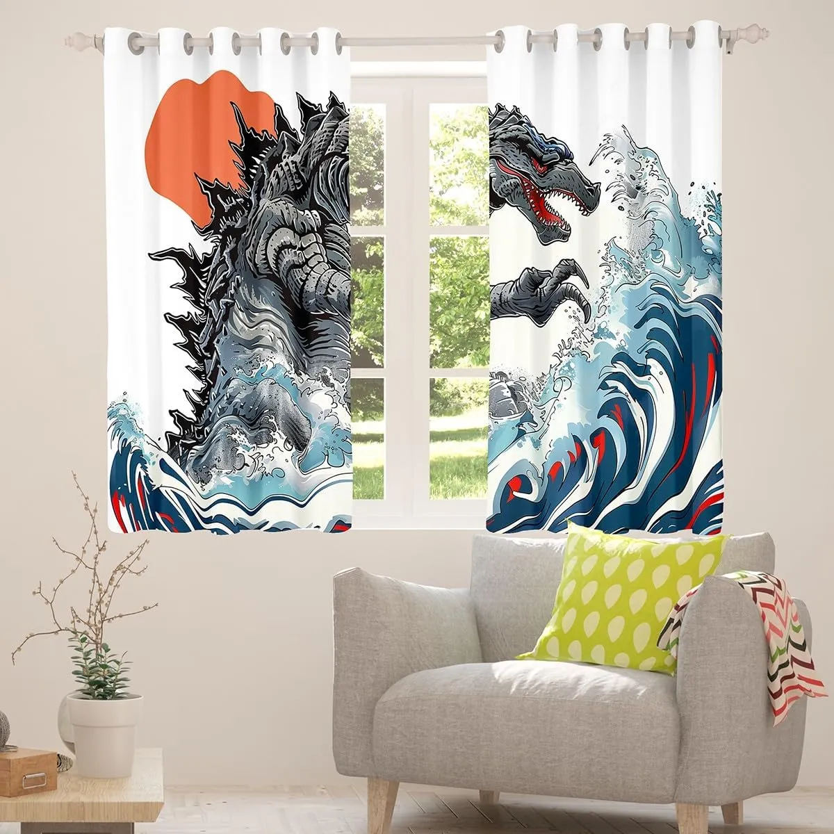 Erosebridal Dinosaur Monsters 30%-50% Blackout Curtains 52"x84" Japanese Style Window Curtains for Kids Teens Adults Boys Sea Ocean Wave Decor Japanese Monster Ukiyo-E Window Treatments Drapes