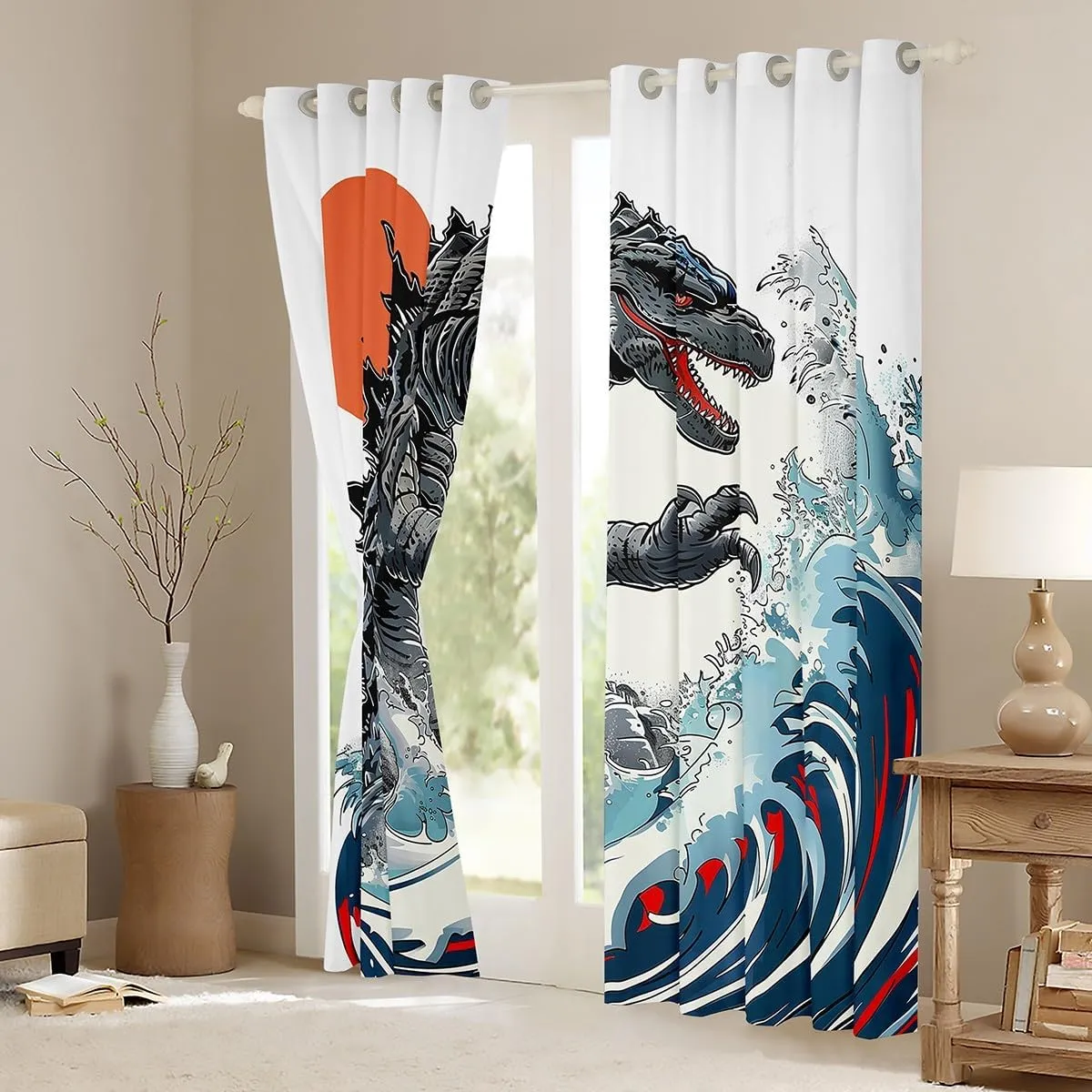 Erosebridal Dinosaur Monsters 30%-50% Blackout Curtains 52"x84" Japanese Style Window Curtains for Kids Teens Adults Boys Sea Ocean Wave Decor Japanese Monster Ukiyo-E Window Treatments Drapes