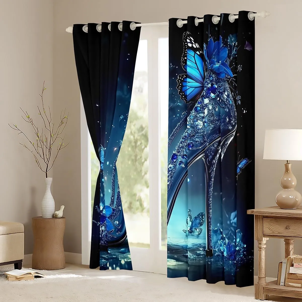 Erosebridal Lady High Heels Curtains for Bedroom Blue Butterfly Girly Women High-Heeled Shoes Curtains & Drapes 2 Panels 42" Wx63 L,Diamond Crystal Shoes Window Treatments Rustic Animal Room Decor