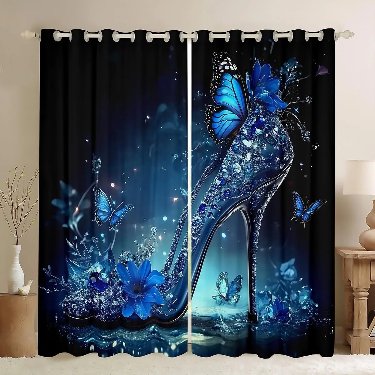 Erosebridal Lady High Heels Curtains for Bedroom Blue Butterfly Girly Women High-Heeled Shoes Curtains & Drapes 2 Panels 42" Wx63 L,Diamond Crystal Shoes Window Treatments Rustic Animal Room Decor