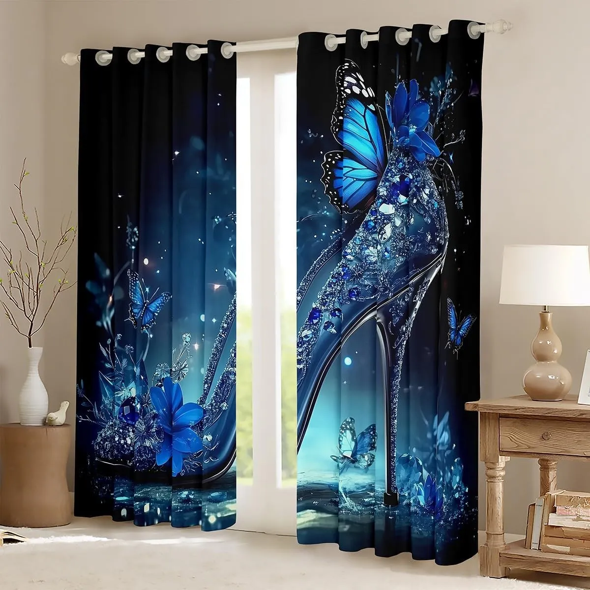 Erosebridal Lady High Heels Curtains for Bedroom Blue Butterfly Girly Women High-Heeled Shoes Curtains & Drapes 2 Panels 42" Wx63 L,Diamond Crystal Shoes Window Treatments Rustic Animal Room Decor