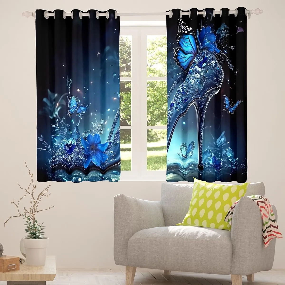 Erosebridal Lady High Heels Curtains for Bedroom Blue Butterfly Girly Women High-Heeled Shoes Curtains & Drapes 2 Panels 42" Wx63 L,Diamond Crystal Shoes Window Treatments Rustic Animal Room Decor