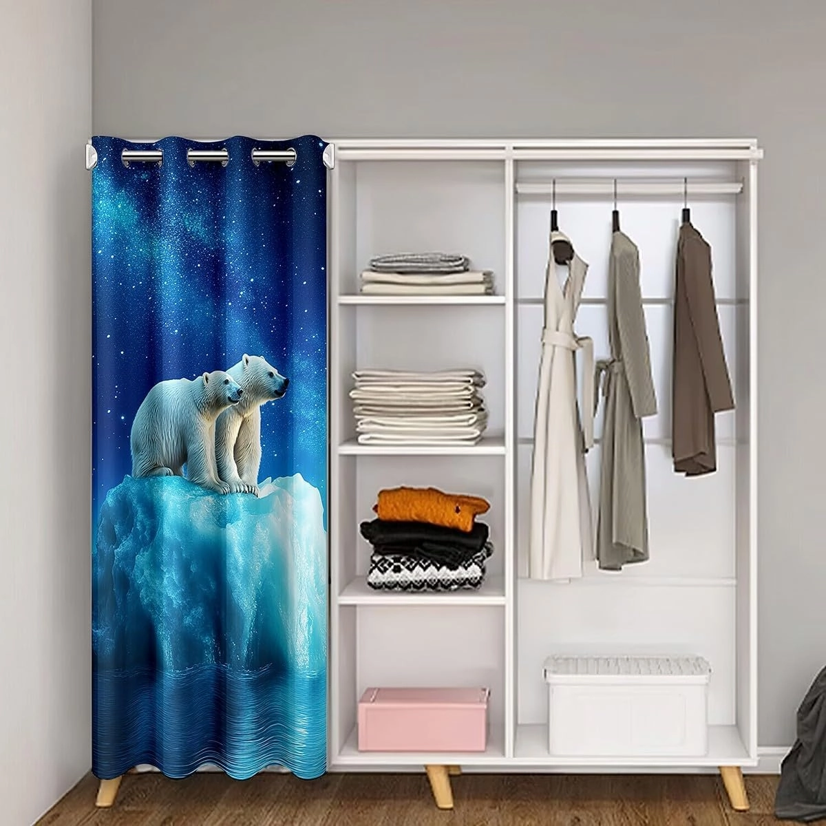 Erosebridal Polar Bear Door Curtain for Doorway Privacy,Arctic Wild Animal Blackout Curtain,Snow Scenery Room Divider Curtain,Blue Starry Sky Door Drape Darkening,42" W X 84" L