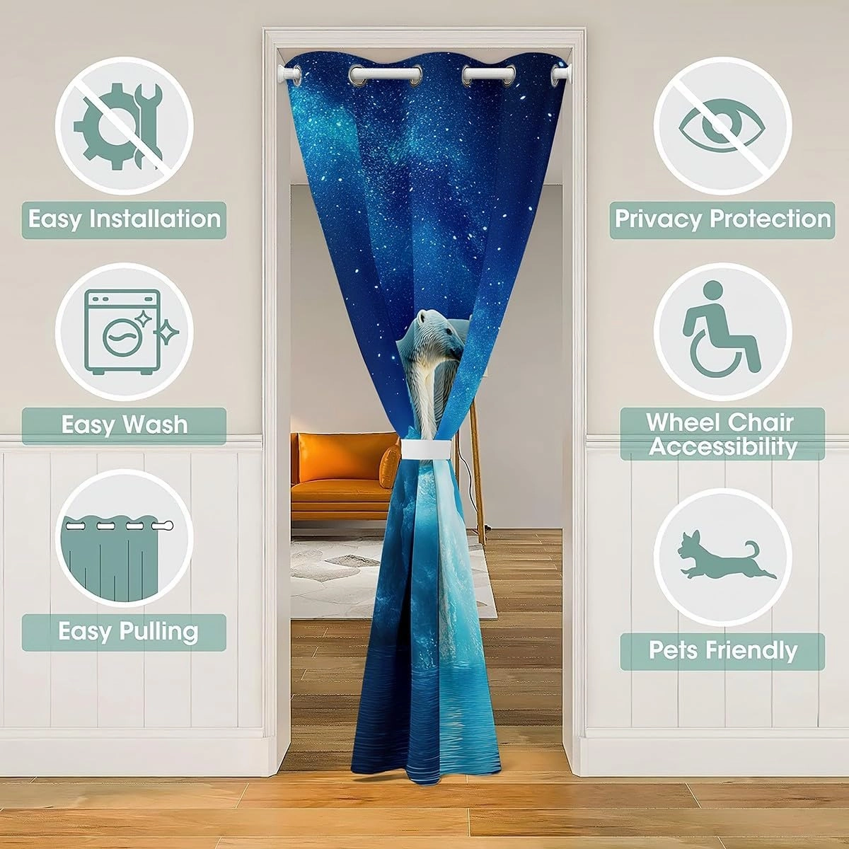 Erosebridal Polar Bear Door Curtain for Doorway Privacy,Arctic Wild Animal Blackout Curtain,Snow Scenery Room Divider Curtain,Blue Starry Sky Door Drape Darkening,42" W X 84" L