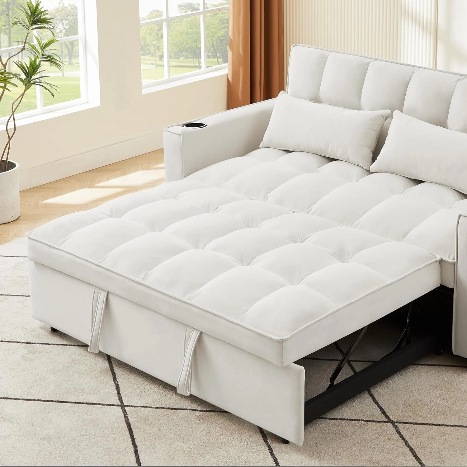 ERYE 3-in-1 Loveseat Sofa Convertible Full Size Sleeper Couch Bed with Pull Out Sleep Daybed & Reclining Backrest, Love Seat Sofabed W/Cupholders and USB Ports for Home Apartment RV Living Room