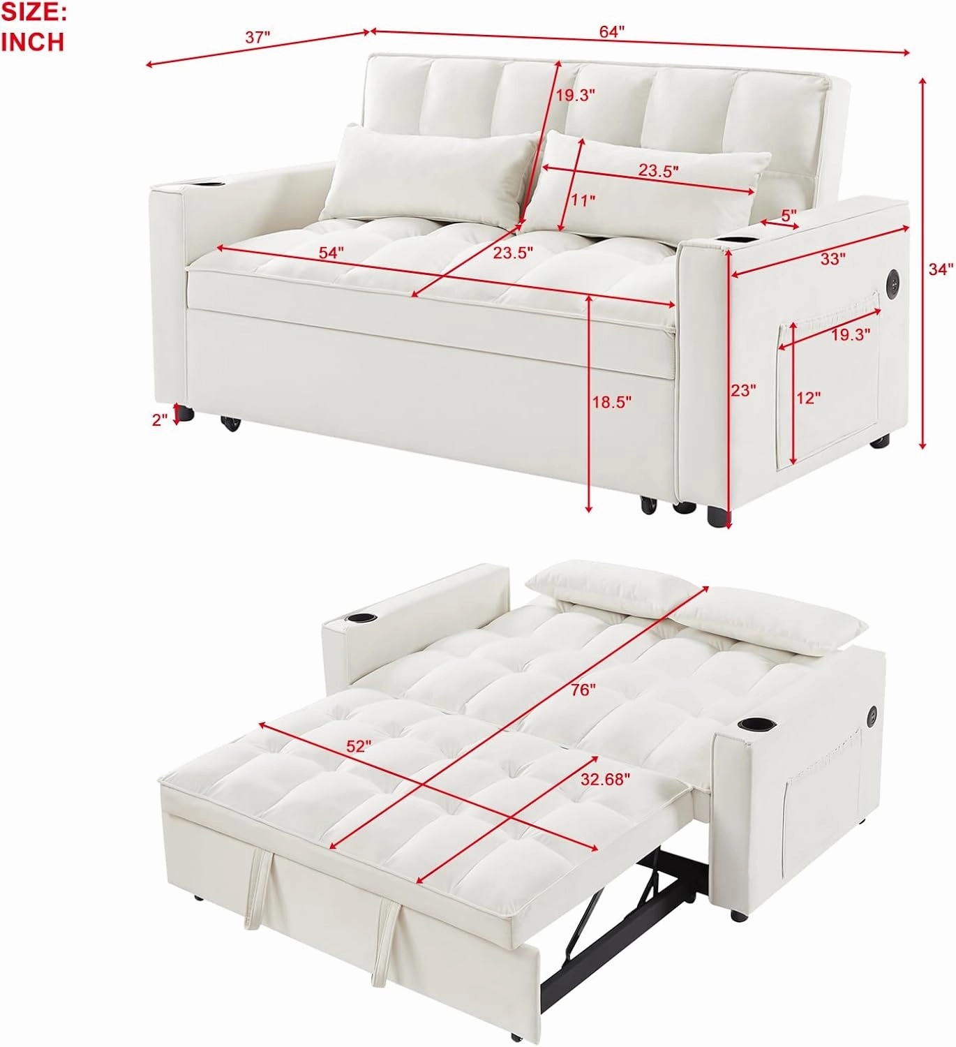ERYE 3-in-1 Loveseat Sofa Convertible Full Size Sleeper Couch Bed with Pull Out Sleep Daybed & Reclining Backrest, Love Seat Sofabed W/Cupholders and USB Ports for Home Apartment RV Living Room