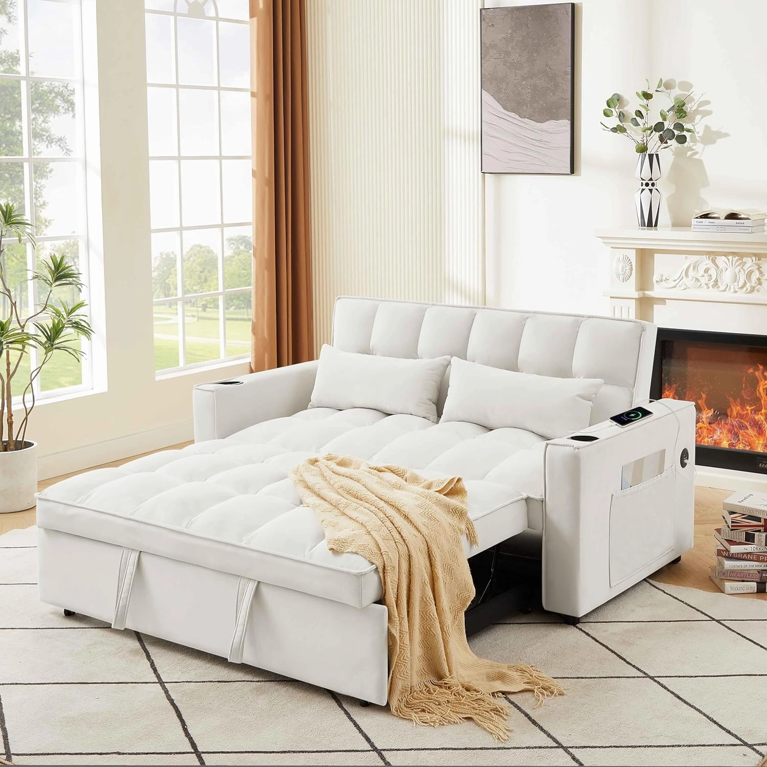 ERYE 3-in-1 Loveseat Sofa Convertible Full Size Sleeper Couch Bed with Pull Out Sleep Daybed & Reclining Backrest, Love Seat Sofabed W/Cupholders and USB Ports for Home Apartment RV Living Room